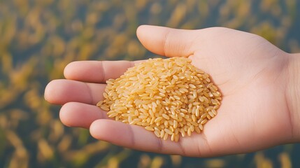 close-up of freshly harvested rice grains in hand their golden hue glowing under natural light with blurred water patterns
