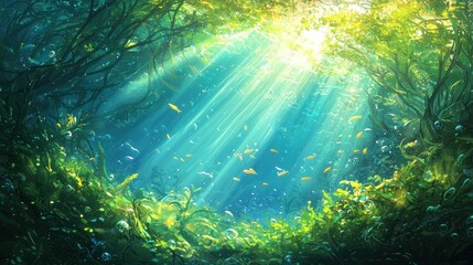 Fototapeta premium Sunlit Underwater Forest Scene With Fish Swimming