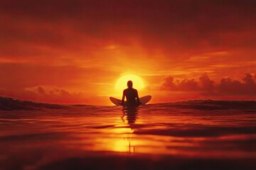 Surfer Silhouetted Against Vibrant Sunset Ocean
