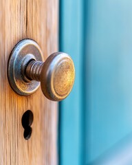 Obraz premium A Close-Up View of a Vintage Door Knob and Keyhole on a Wooden Door