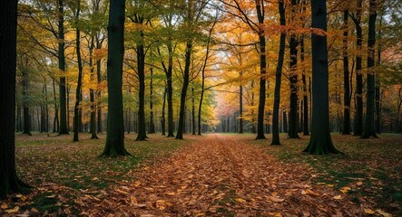 Fototapeta premium Quiet forest with leaves crunching underfoot in the crisp autumn air