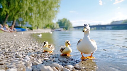 Fototapeta premium Ducklings and Mother Duck by the River
