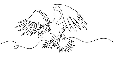 An eagle soars in the sky with its wings spread wide. A large bird of prey flies in the air. one continuous line, One single line of eagle isolated on white background, Bird of prey flying continuouse