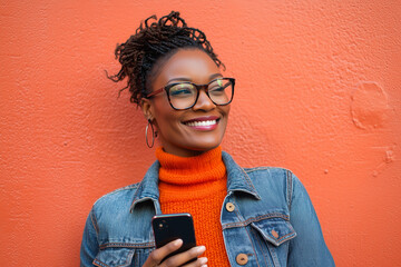 Stylish woman holding a phone, standing against a bold red wall. Bright, vibrant colors enhance her confident vibe. 4K.
