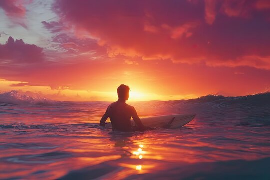 Surfer Silhouetted Against Vibrant Sunset Ocean
