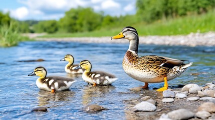 Fototapeta premium Female Mallard Duck with Ducklings by the River