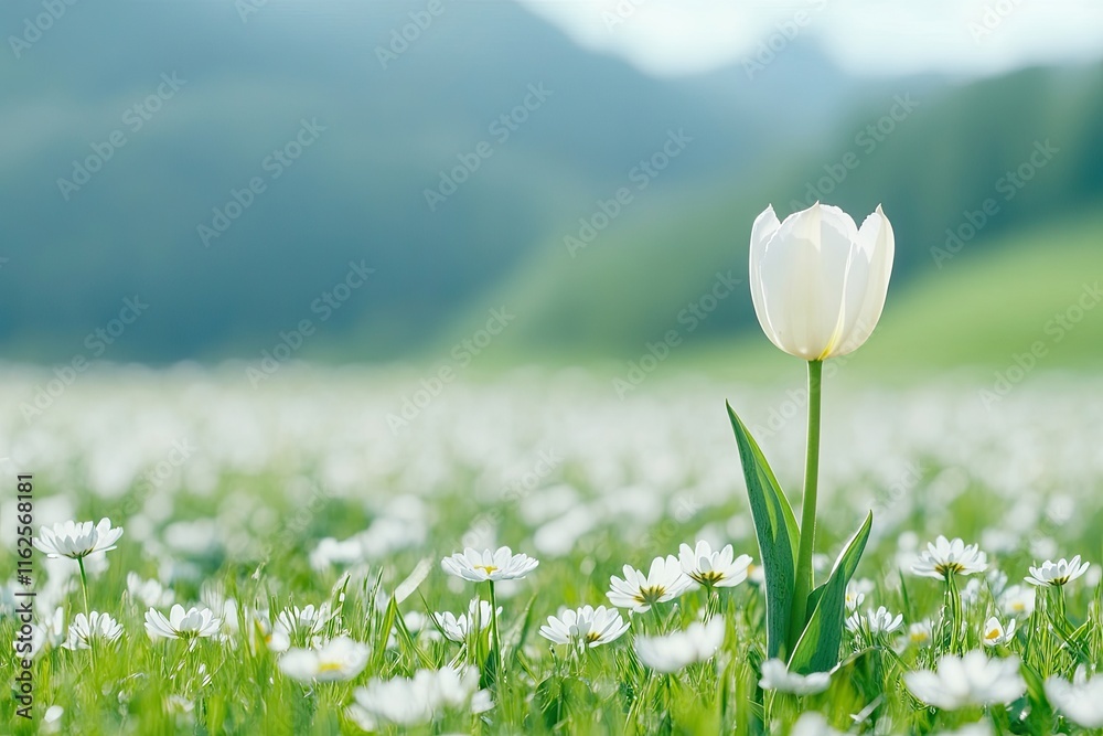 Poster blooming beauty in a minimalist field with daisies and a single tulip standing tall in soft light
