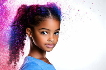 Portrait of a young girl with vibrant, colorful hair, artistic splash effect.