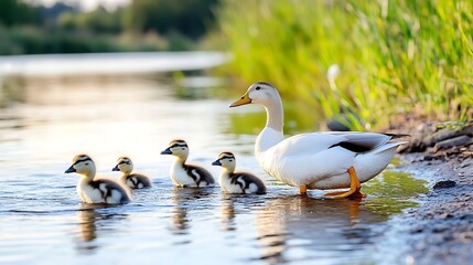 Mother Duck and Ducklings by the River