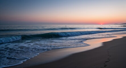 Fototapeta premium Serene beach scene where dawns first light touches the waves softly