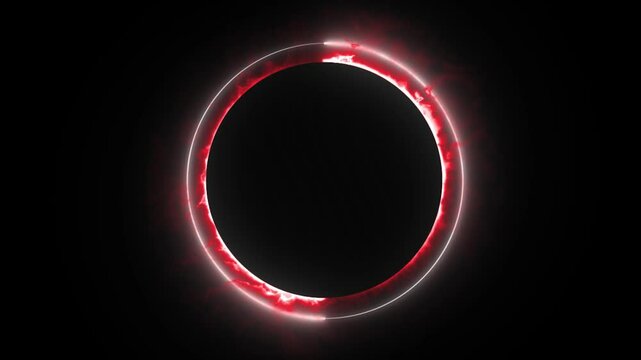 Red effect neon glowing circular frame background. repetitive motion animation and flashing. Bright neon light effect isolated on black. 4K graphic animation video.