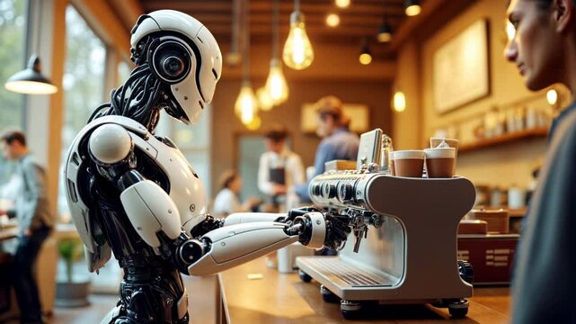 Futuristic humanoid robot making coffee at a busy caf&eacute; bar. Concept of artificial intelligence, automation, and modern technology in service industries.