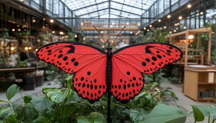 A vibrant red butterfly with black spots, artfully displayed in a lush indoor botanical garden setting.