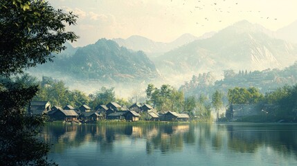 Fototapeta premium Serene Lakeside Village Nestled Among Misty Mountains