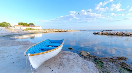 Obraz premium Serene Coastal Scene Small Rowboat on Sandy Beach at Dawn