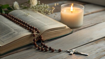 Open Bible with rosary and lit candle creating peaceful spiritual atmosphere for prayer