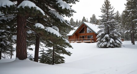 Snow on pine trees with a cabin in the background suggesting a cozy retreat