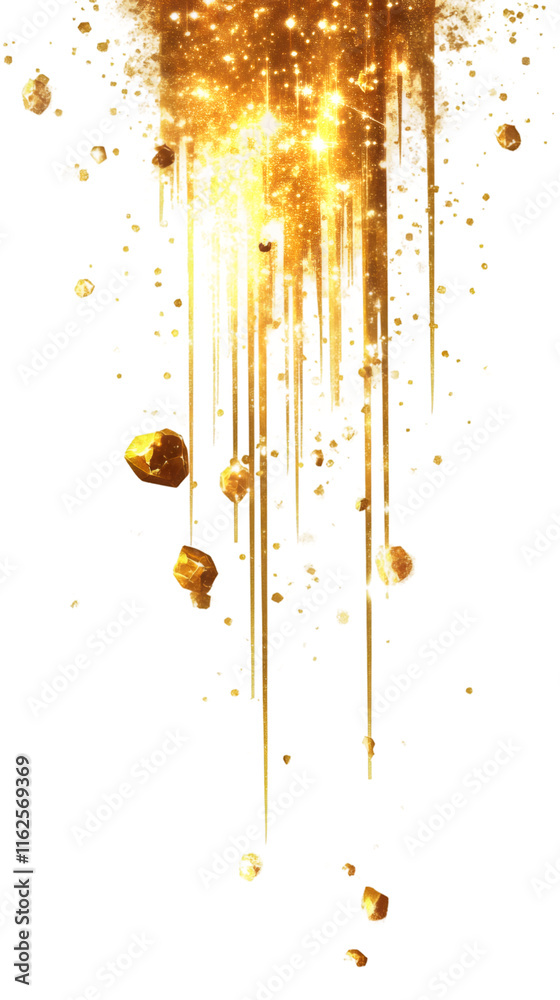 Poster Golden rain dripping and sparkling on a transparent background, with golden nuggets falling down