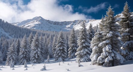 Snowladen pine trees in a mountain setting embodying the spirit of winter