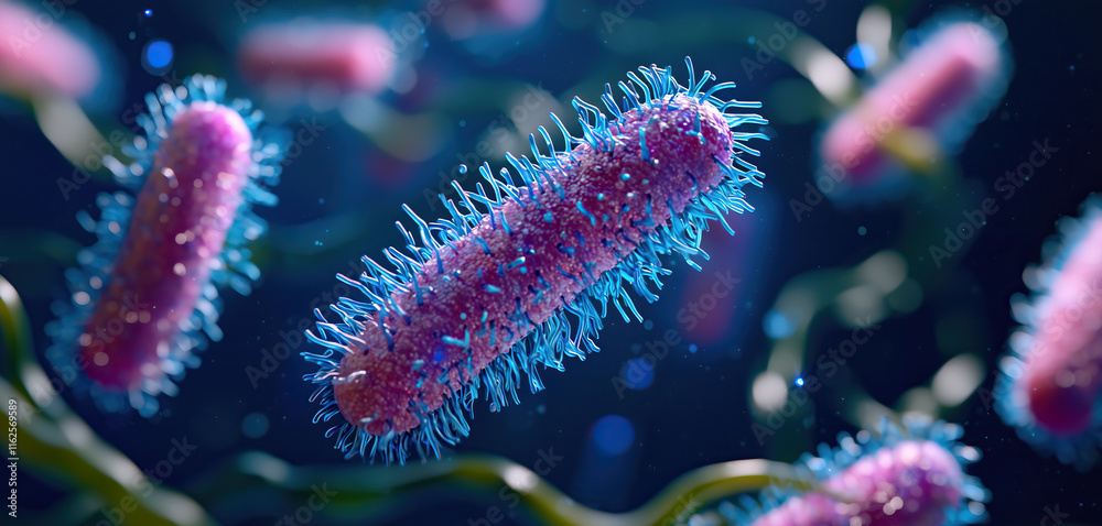 Aufkleber microscopic view of rod shaped bacteria with hair like structures 3d rendering