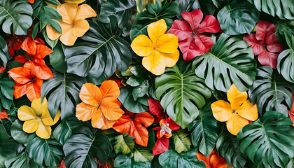 Vibrant tropical foliage backdrop featuring lush monstera leaves and colorful flowers in shades of orange, red, and yellow. Ideal for summer designs, travel brochures, and website backgrounds.