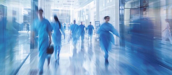 Blurred motion of medical professionals in scrubs rushing through a hospital corridor. A sense of urgency and dedication is conveyed in the image.