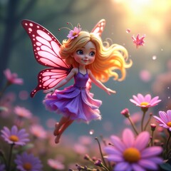 Adorable blonde fairy flies amidst flowers in fairyland setting. Pretty little fairy with butterfly wings, purple dress floats gracefully over field of pink flowers. Soft light suggests magical © miss irine