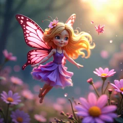 Adorable blonde fairy flies amidst flowers in fairyland setting. Pretty little fairy with butterfly wings, purple dress floats gracefully over field of pink flowers. Soft light suggests magical