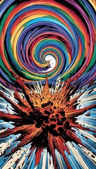 Hypnotic spiral rainbows erupting with dramatic comic book explosion textures