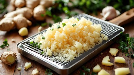 A grater with freshly grated ginger and garlic, surrounded by whole ingredients.
