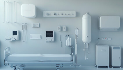 3D of medical equipment with life support machine and an oxygen tank on the wall