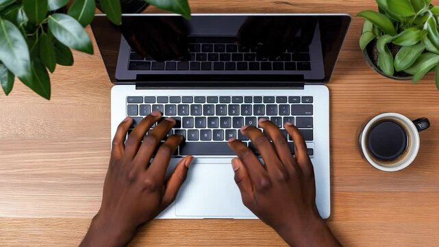 A black man using a laptop with hands on the keyboard, surrounded by green plants and a coffee cup, showcasing a productive workspace. Top view