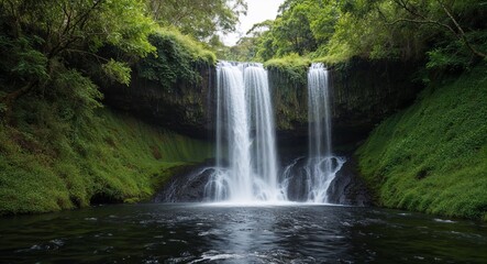 Obraz premium The cool spray of a waterfall cooling off a lush green environment