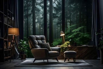 Fototapeta premium Sunset forest in the bedroom ; Photography of interior with forest theme concept in living room