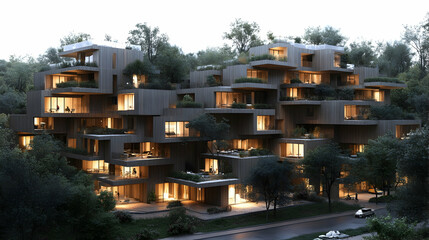Stunning modern apartment building nestled in a lush forest at dusk.  Illuminated windows showcase comfortable interiors.