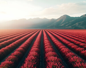 Serene sunrise over rows of vibrant red lavender, nestled against a majestic mountain range.  A breathtaking landscape showcasing nature's beauty.