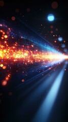 Obraz premium Orange Tech. Bright orange digital particles stream with blue beams fu