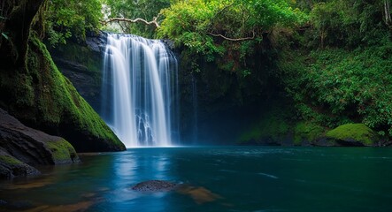 Waterfall in a rainforest where the water seems to merge with the dense green foliage