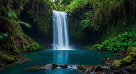 Fototapeta premium Waterfall in a rainforest where the water seems to merge with the dense green foliage