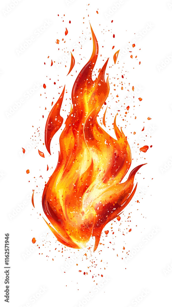Poster blazing fire emitting intense warmth, glowing embers swirling around flames, isolated on transparent
