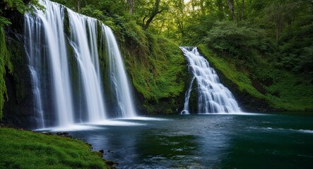 Fototapeta premium Waterfall with light bouncing off the water to illuminate the surrounding green
