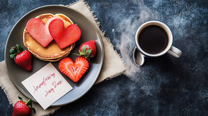 Romantic Heart Shaped Pancake Breakfast With Coffee
