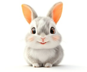 Adorable cartoon bunny rabbit, grey fur, big eyes, sitting, smiling, white background.