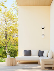 Modern outdoor seating area with natural surroundings in bright daylight