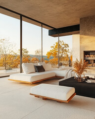 Modern living room with autumn view and large windows showcasing nature's beauty