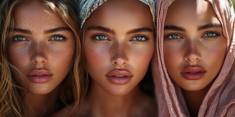 Fototapeta premium Three young women with sun kissed skin and captivating eyes Close up portrait natural beauty