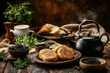 Fototapeta premium A cozy Irish breakfast served on a rustic wooden table, complete with black pudding, sausages, and a pot of tea