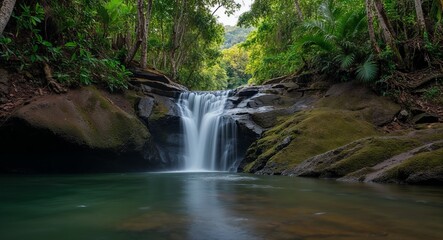 Obraz premium A gentle waterfall in a tropical forest where the water blends with the greenery
