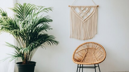 Bohemian Interior Decor with Macrame Wall Hanging, Wicker Chair, and Palm Plant