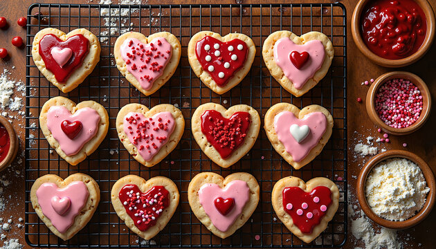 Heart-shaped cookies cooling on rack for Valentine's Day celebration